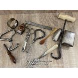 VARIOUS ANTIQUE ITEMS INCLUDING SILVER BOX LID, FOLDING HOOF PICKS AND HOOKS, NAPKIN RINGS AND FORK