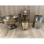 TANKARD DATED 1936, LARGE ORNATE BOWL, BOMBAY RIFLE CLUB CUP DATED 1944 AND A KEBBLE COLLEGE TUMBLER