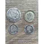 FOUR SILVER COINS: 1845 SPANISH COIN, 1922 GEORGE V SIXPENCE, 1897 CANADIAN COIN & EDWARD VII 3