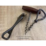 THREE VINTAGE ITEMS INCL. CORKSCREWS/ AND A TIN BOTTLE OPENER
