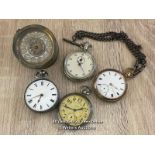 SELECTION OF THREE OLD POCKET WATCHES ONE WITH A SILVER CASE, STOPWATCH AND SMALL CLOCK IN NEED OF