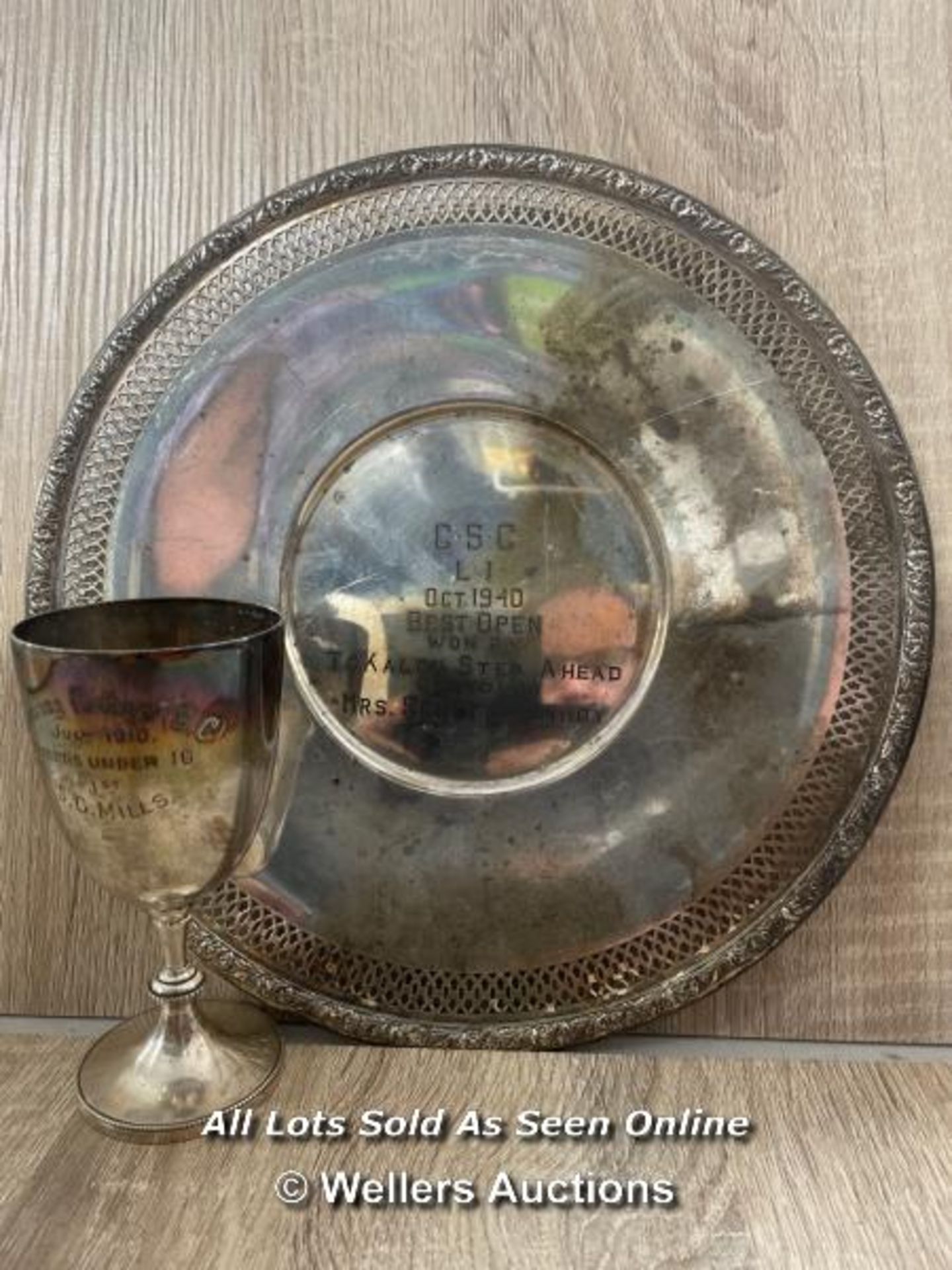 SMALL MAPPIN & WEBB SILVER PLATE TROPHY CUP DATED 1910, APPROX 150G AND WALLACE EPNS AWARD PLATE