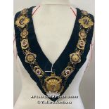 MASONIC MARSHALL HALL LODGE CHAIN OF OFFICE FEATURING A LARGE 'BULL' MEDALION AND 19 BADGES