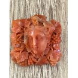 *VICTORIAN CARVED CORAL BROOCH ON YELLOW METAL MOUNT, 3 X 3.2CM, APPROX 18G