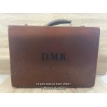 SMALL WOODEN SUIT CASE WITH INTITIALS D.N.K, 35.5 X 25 X 11CM