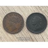 TWO NOVA SCOTIA ONE PENNY TOKENS, 1832 & 1840, APPROX 34G TOTAL