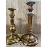 TWO BRASS CANDLE HOLDERS TALLEST 26CM HIGH