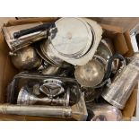 *JOB LOT OF SILVER PLATED ITEMS TO INCLUDE COFFEE POTS, SERVING DISHES AND CANDLE HOLDERS