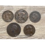 FIVE FRENCH COINS DATED 1897, 1909, 1912, 1853 & 1908 TOTAL WEIGHT, APPROX 33G