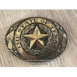 SOLID BRASS TONY LAMA STATE OF TEXAS BELT BUCKLE, 9.5 X 7CM