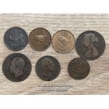 SEVEN COINS DATED FROM 19TH & 20TH CENTURIES INCL. TWO FARTHINGS, TOTAL WEIGHT APPROX 27G