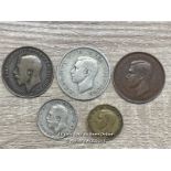 FIVE BRITISH COINS: 1945 HALF CROWN, 1920 ONE SHILLING, 1939 3P, 1938 PENNY & 1917 PENN, TOTAL