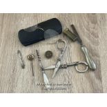 SELECTION OF VINTAGE ITEMS, OLD GLASSES WITH CASE, BRASS MICROSCOPE LENSE, FOLDING SCISSORS, CORK