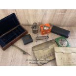 BAG OF ASSORTED ITEMS INC. VELVET LINED WOODEN BOX, 2 ACCOUNT BOOKS DATED 1882 AND A OLD IRISH