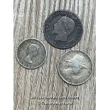 THREE OLD COINS INCLUDING 1957 6 PENCE, 10 GROSCHEN 1928 AND 1854 FRENCH COIN, TOTAL WEIGHT APPROX