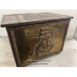 BRASS CHEST, ENGRAVED WITH SHIPS, 51 X 38.5 X 33.5 CM