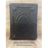 VICTORIAN LEATHER BOUND PHOTO ALBUM WITH BRASS CLASP, CONTAINING APPROX 150 PHOTOS, 22 X 29.5 X 7CM