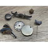 SIX VINTAGE OBJECTS SILVER BUTTON, WIRE GAUGE, 1891 PIN, FEATHERED BROOCH, SMALL METAL GONDOLA AND