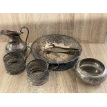 ASSORTED ANTIQUE PLATE METAL ITEMS TO INCLUDE JUG, BOWL AND SUGAR NIPS