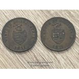 TWO 1811 ONE PENNY TOKENS, APPROX 37G TOTAL