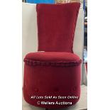 RED VELVET BEDROOM CHAIR ON CASTERS, 90CM HIGH (BACK) 35CM HIGH (SEAT)