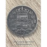FRENCH SILVER 5 FRANCS 1827, MADE INTO A PIN BADGE, APPROX 26G