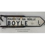 ORIGINAL IRISH CAST IRON ROAD SIGN WITH EMBOSSED GAELIC WRITING "MONASTRY OF MADNESS" BOYLE CO.