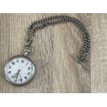 VINTAGE MILITARY POCKET WATCH GS/TP NO. 031223 WITH CHAIN, TICKING WHEN WOUND, 5CM DIAMETER,