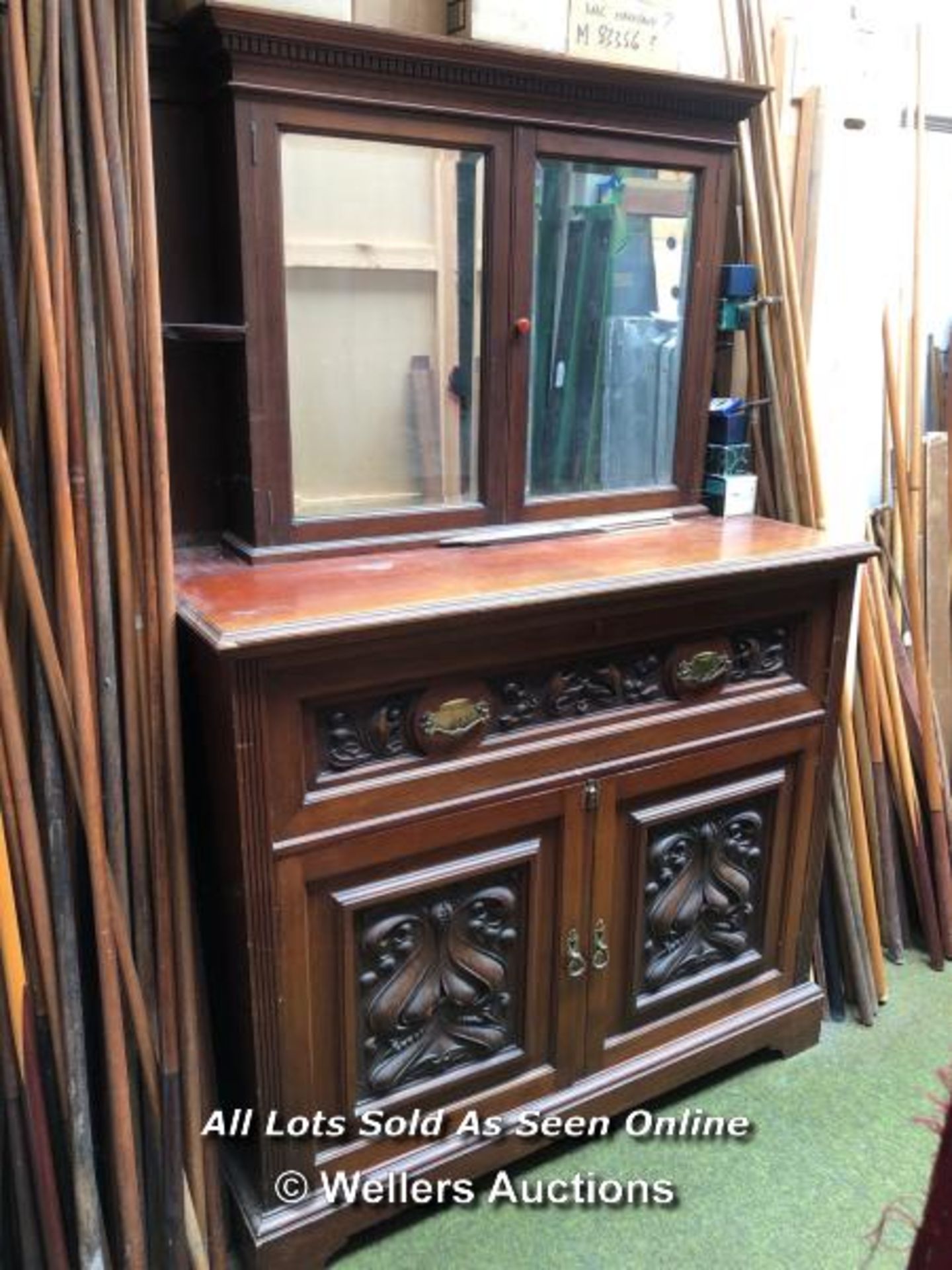 SIDEBOARD WITH CRAFTED INLAID PANELS AND DRAWER WITH LARGE MIRRORRED STORAGE CABINET, APPROX.