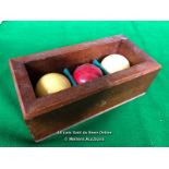SET OF BILLIARD BALLS IN WOODEN CASE, SIZE 2 1/16 INCHES