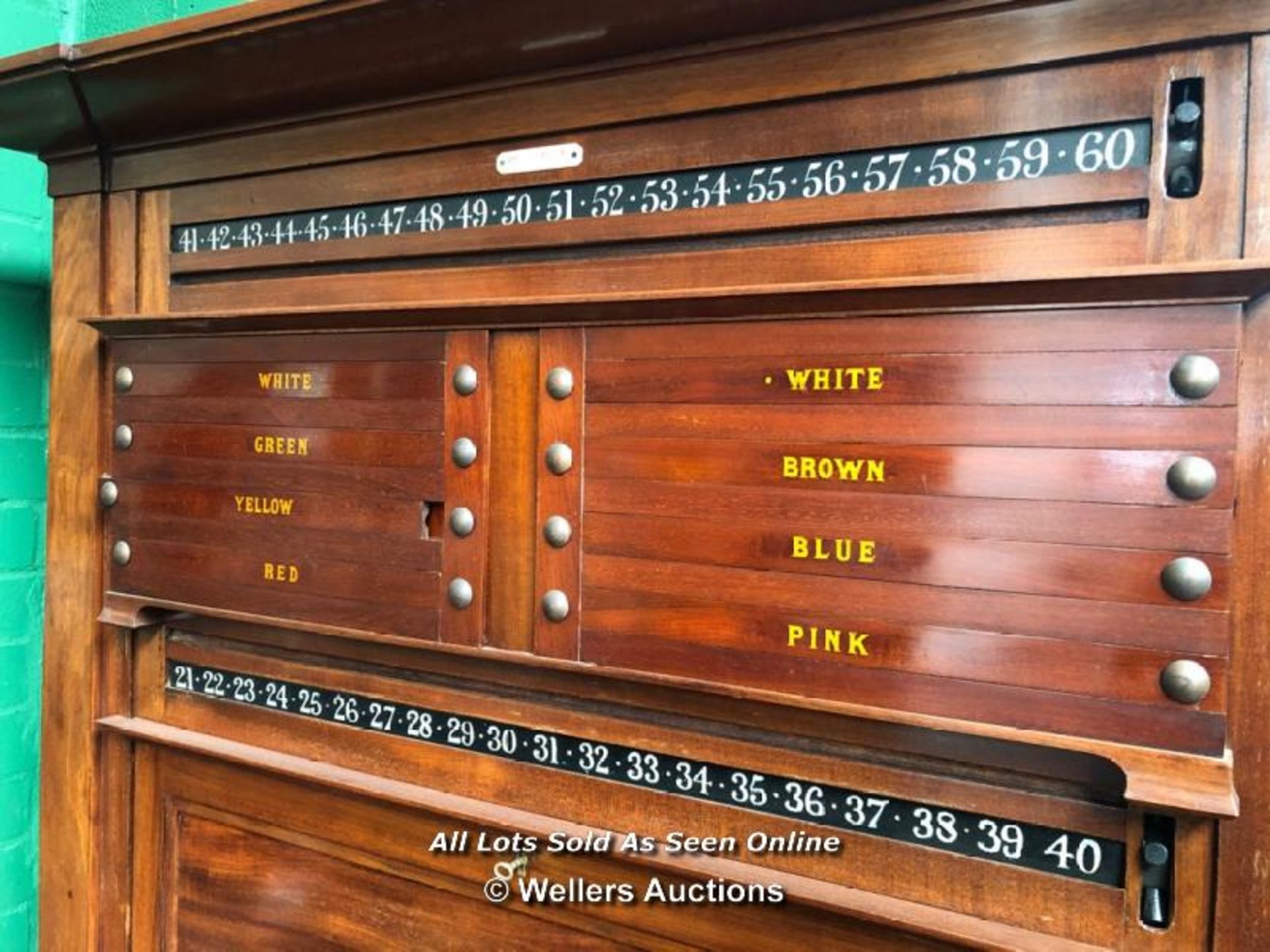 THURSTON & CO. LTD BILLIARD LIFE POOL SCOREBOARD CUPBOARD, ABOVE AND BELOW THE LIFE-POOL SLIDERS - Image 7 of 9