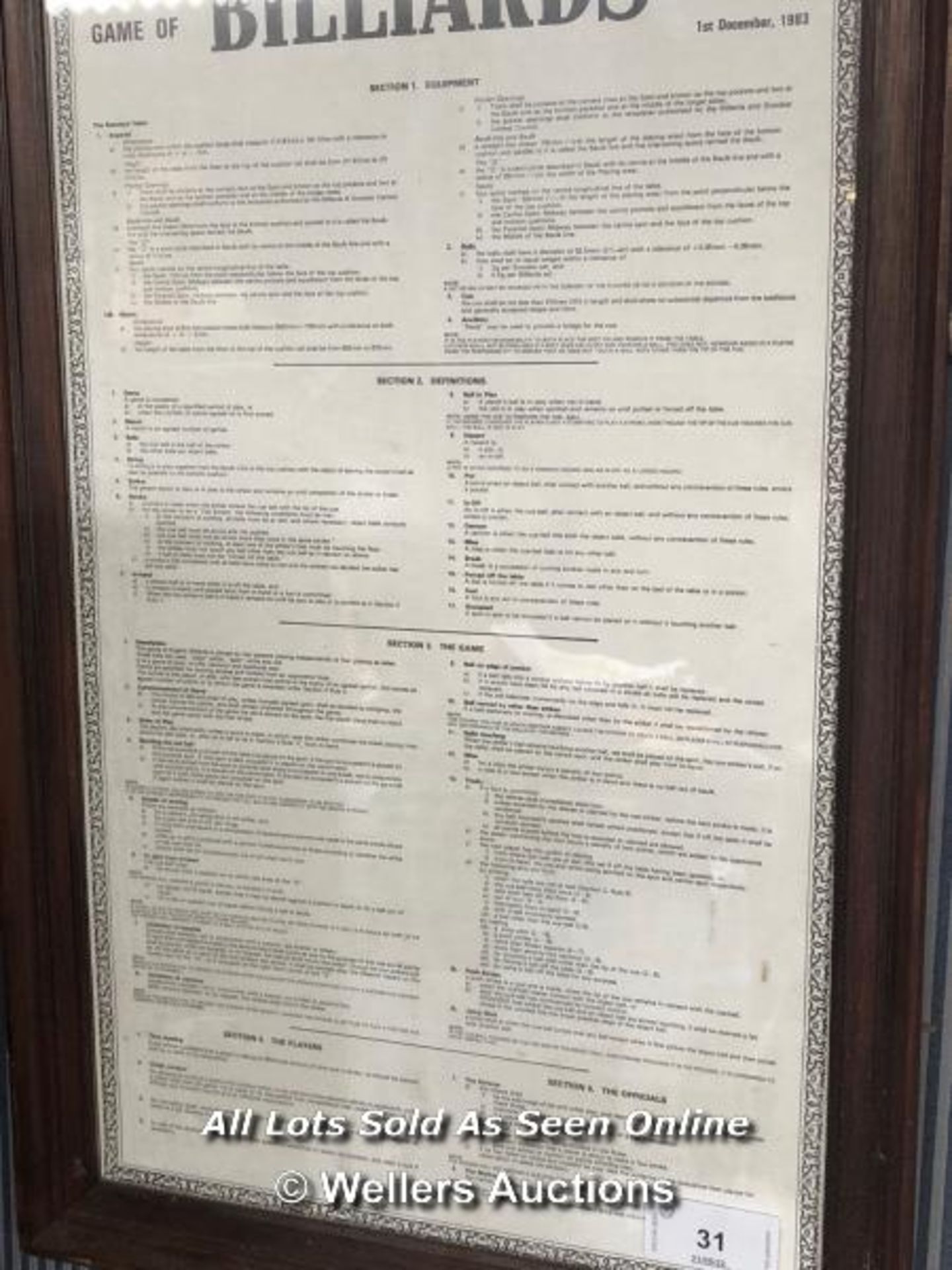 "THE RULES OF THE GAME OF ENGLISH BILLIARDS" FRAMED RULES IN HANGING PICTURE FRAME, AUTHORISED BY - Image 3 of 4