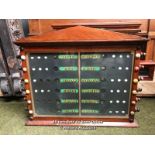 LIFE POOL SCOREBOARD IN GLASS UNIT WITH RAISED PEDIMENT, WITH WOODEN ROLLERS AND HANDLES, APPROX.