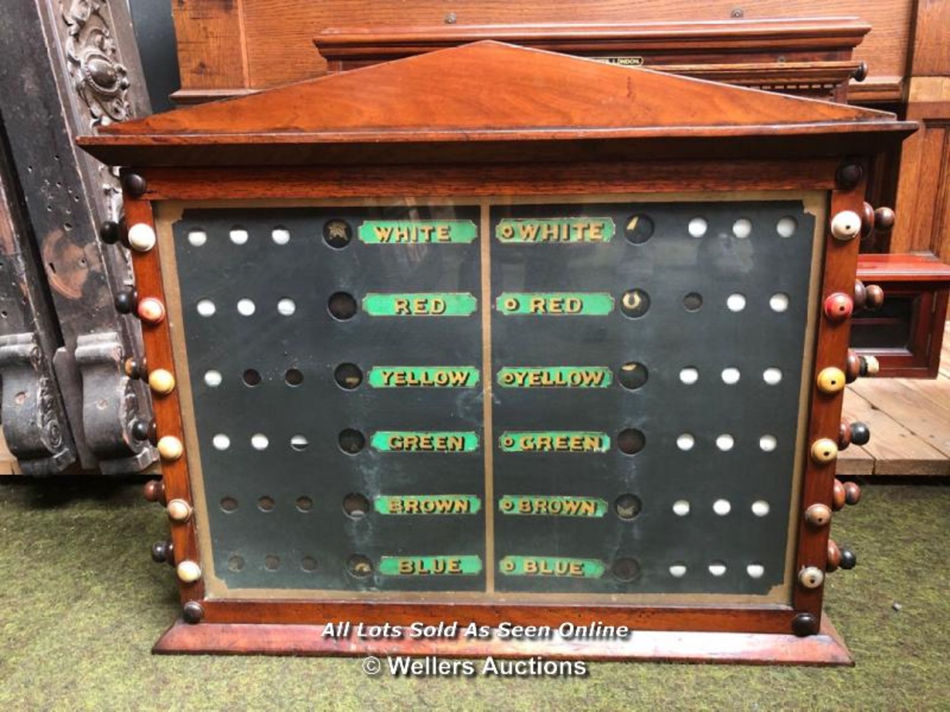 LIFE POOL SCOREBOARD IN GLASS UNIT WITH RAISED PEDIMENT, WITH WOODEN ROLLERS AND HANDLES, APPROX.