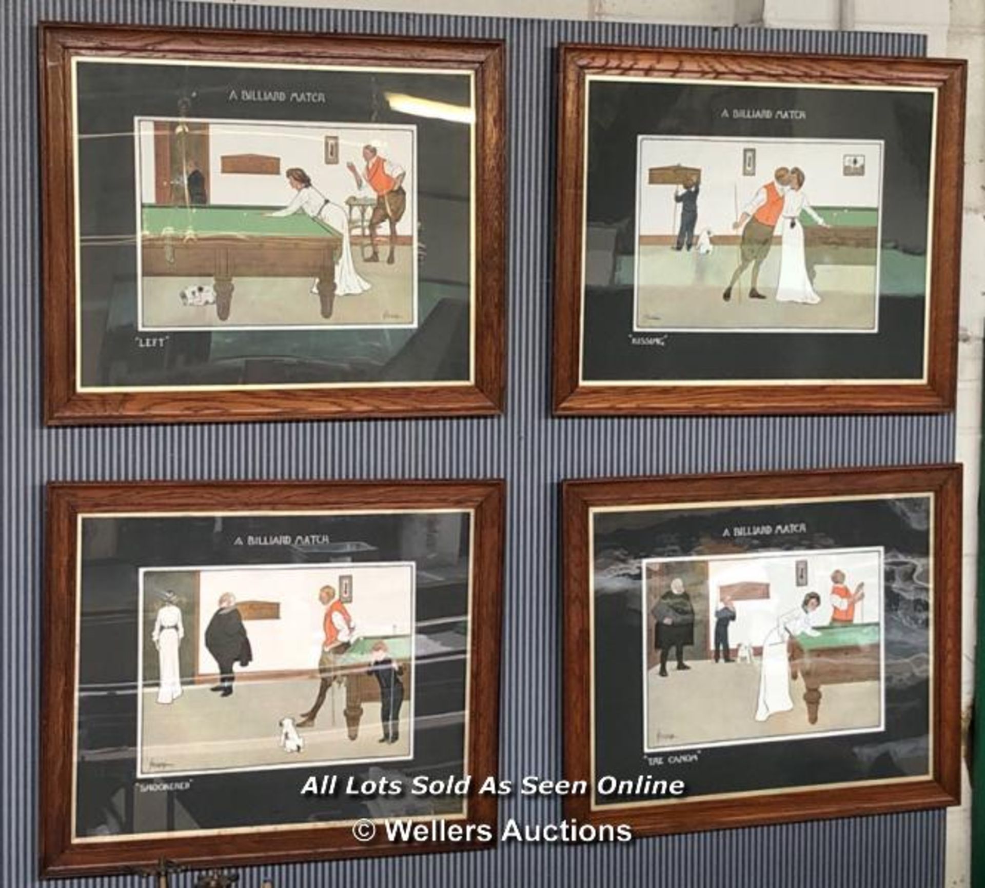 X4 BILLIARD THEMED FRAMED ARTWORK 'A BILLIARD MATCH' INC. "LEFT", "KISSING", "SNOOKERED" AND "THE