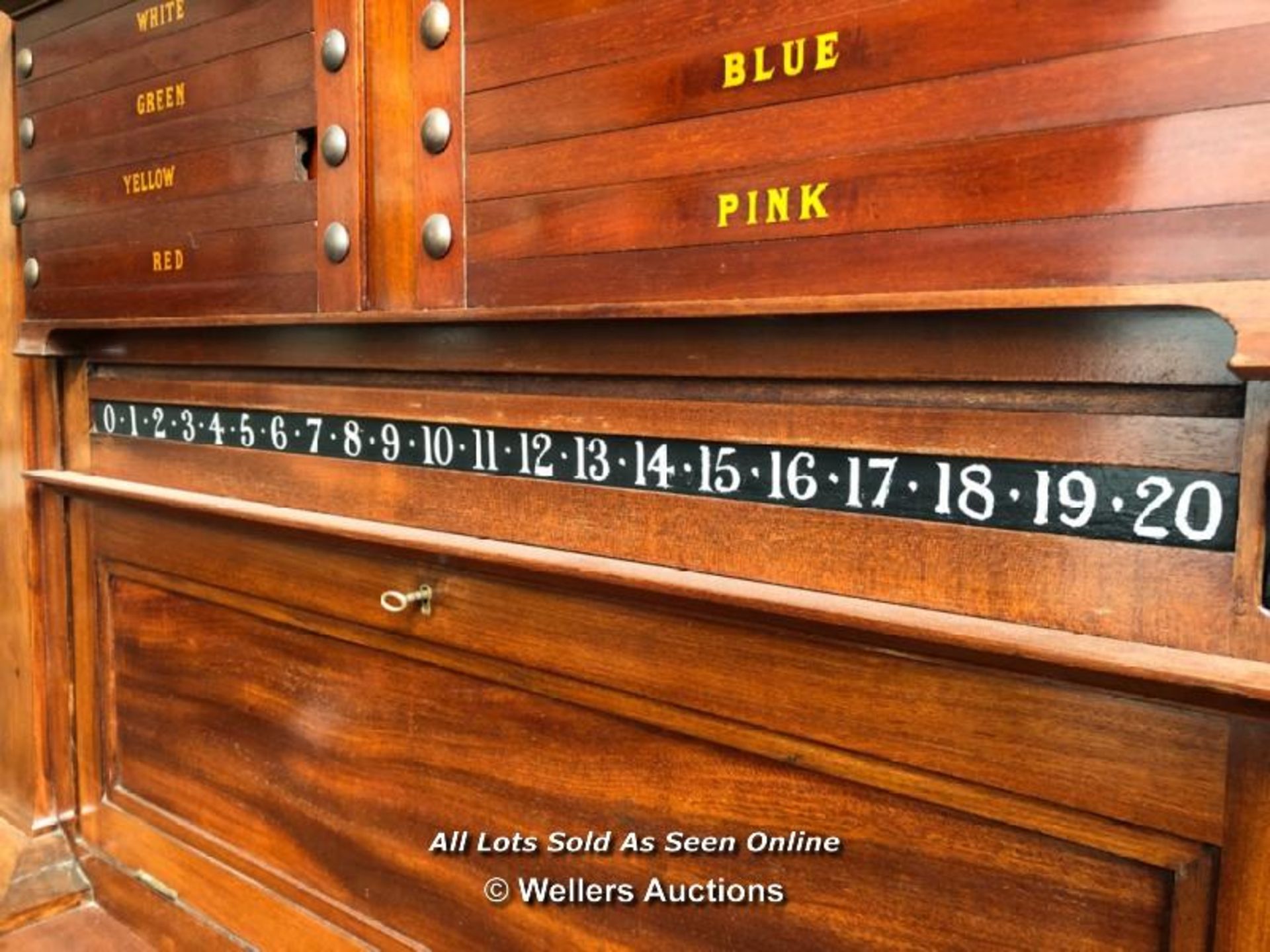 THURSTON & CO. LTD BILLIARD LIFE POOL SCOREBOARD CUPBOARD, ABOVE AND BELOW THE LIFE-POOL SLIDERS - Image 8 of 9