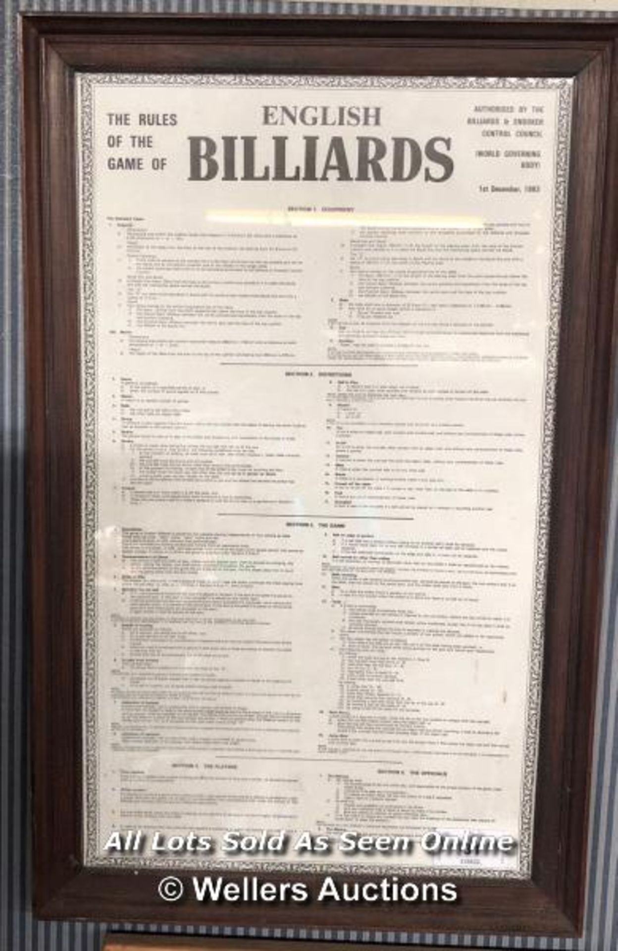 "THE RULES OF THE GAME OF ENGLISH BILLIARDS" FRAMED RULES IN HANGING PICTURE FRAME, AUTHORISED BY