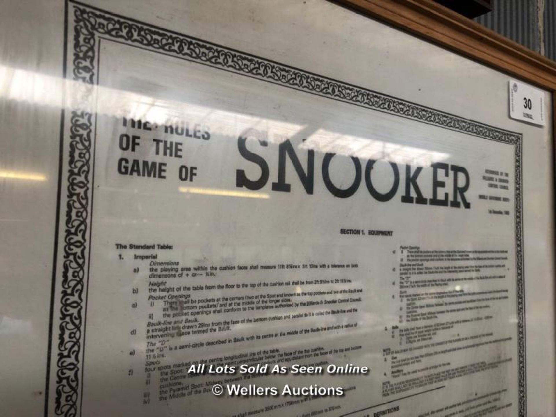 "THE RULES OF THE GAME OF SNOOKER" FRAMED RULES IN HANGING PICTURE FRAME, AUTHORISED BY THE - Image 2 of 5