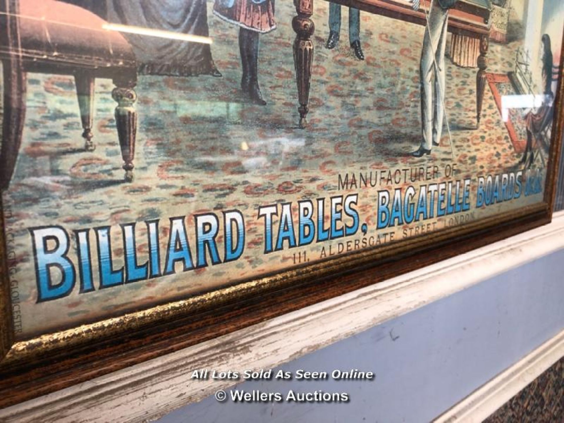 F.H. AYRES BILLIARD SCENE IN FRAME, MANUFACTURER OF BILLIARD TABLES, BAGATELLE BOARDS, APPROX. - Image 2 of 4