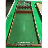 ANTIQUE FOLDING MAHOGANY BAGATELLE TABLE, WOODEN BED, WITH FULL SET OF BALLS, APPROX. 241CM (L) X