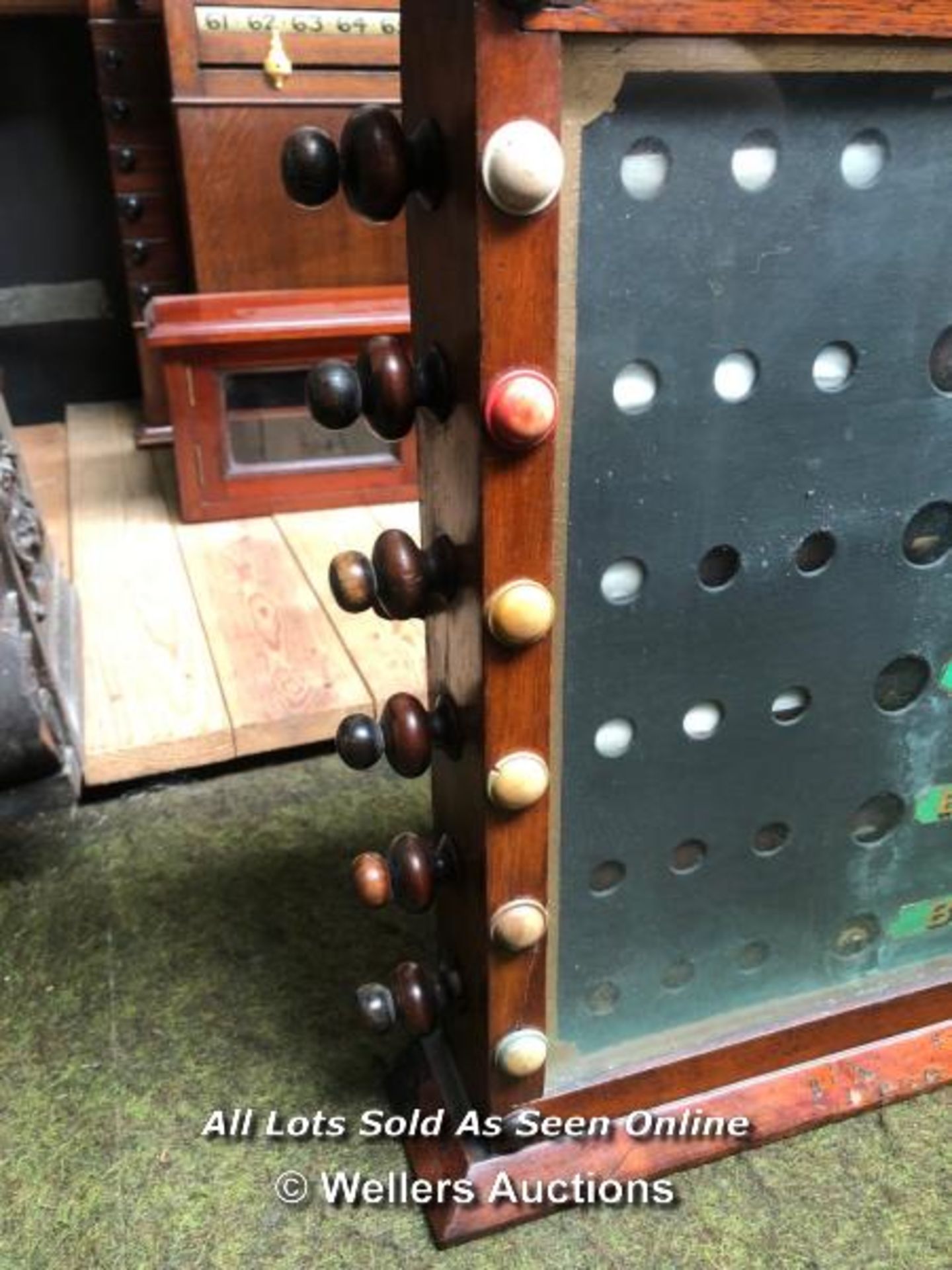 LIFE POOL SCOREBOARD IN GLASS UNIT WITH RAISED PEDIMENT, WITH WOODEN ROLLERS AND HANDLES, APPROX. - Image 5 of 5