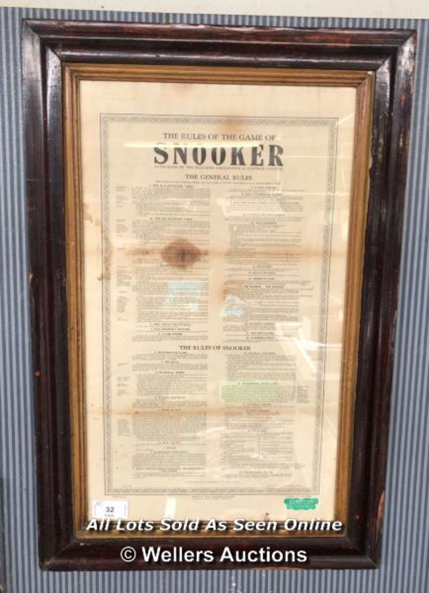 "THE RULES OF THE GAME OF SNOOKER" FRAMED RULES IN HANGING PICTURE FRAME, AUTHORISED BY THE