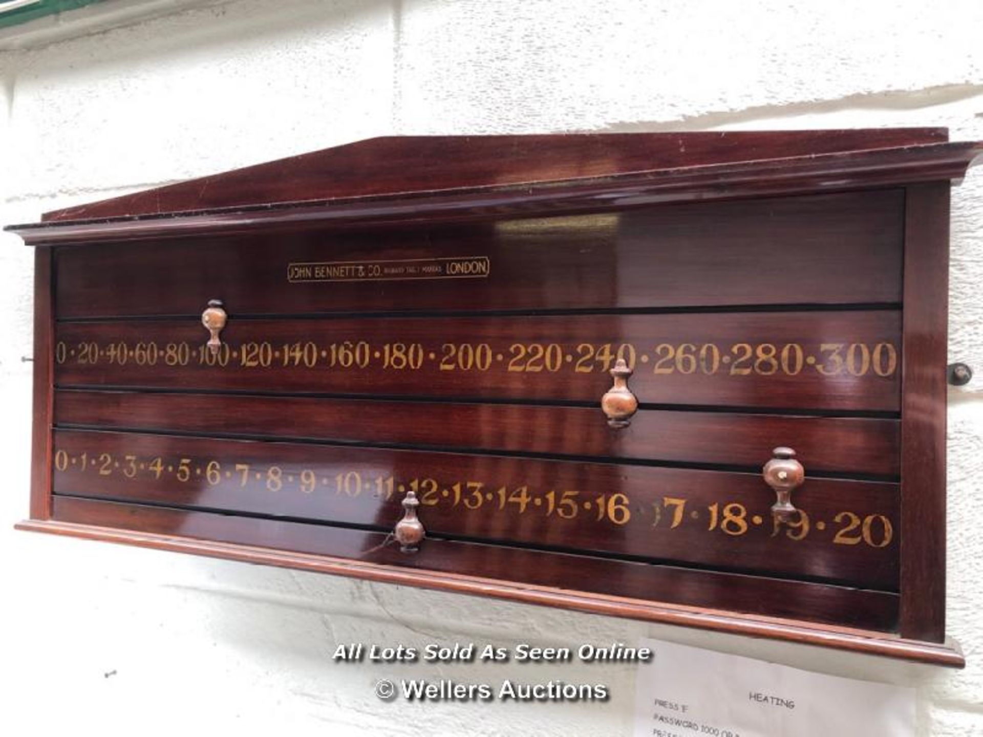 JOHN BENNETT & CO. LONDON BILLIARD SCOREBOARD WITH GOLD LEAF NUMBERS AND WOODEN SLIDERS WITH