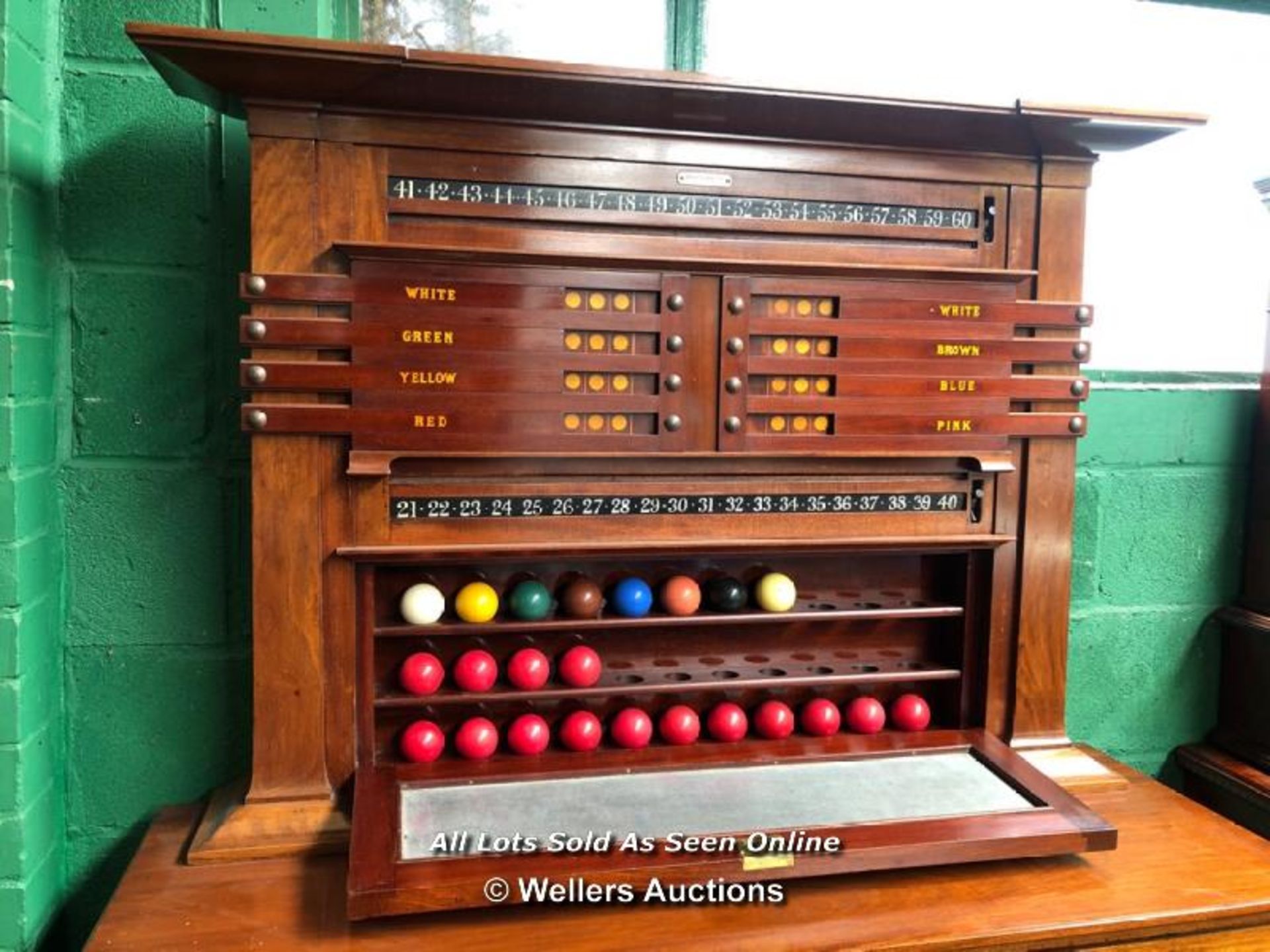 THURSTON & CO. LTD BILLIARD LIFE POOL SCOREBOARD CUPBOARD, ABOVE AND BELOW THE LIFE-POOL SLIDERS - Image 3 of 9