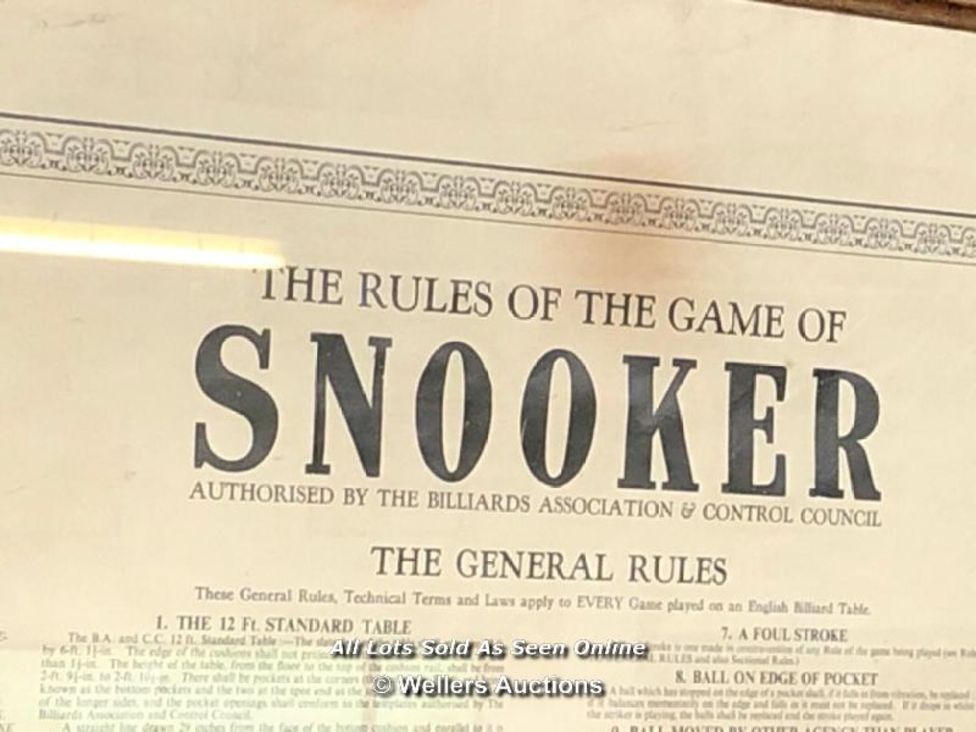 "THE RULES OF THE GAME OF SNOOKER" FRAMED RULES IN HANGING PICTURE FRAME, AUTHORISED BY THE - Image 2 of 6