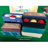 ASSORTED BILLIARD BALLS INCLUDING TOURNAMENT CHAMPION, CRYSTALATE, SUPER CRYSTALATE, ALL SIZE 2 1/16