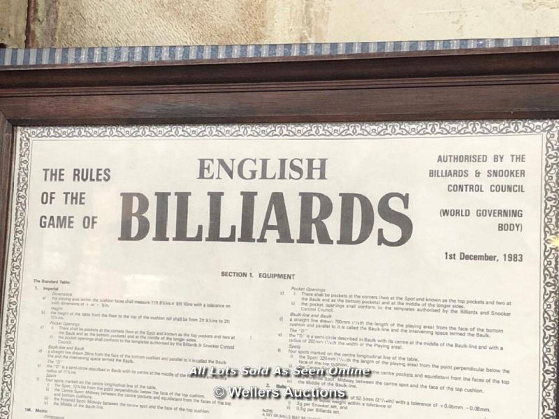 "THE RULES OF THE GAME OF ENGLISH BILLIARDS" FRAMED RULES IN HANGING PICTURE FRAME, AUTHORISED BY - Image 2 of 4