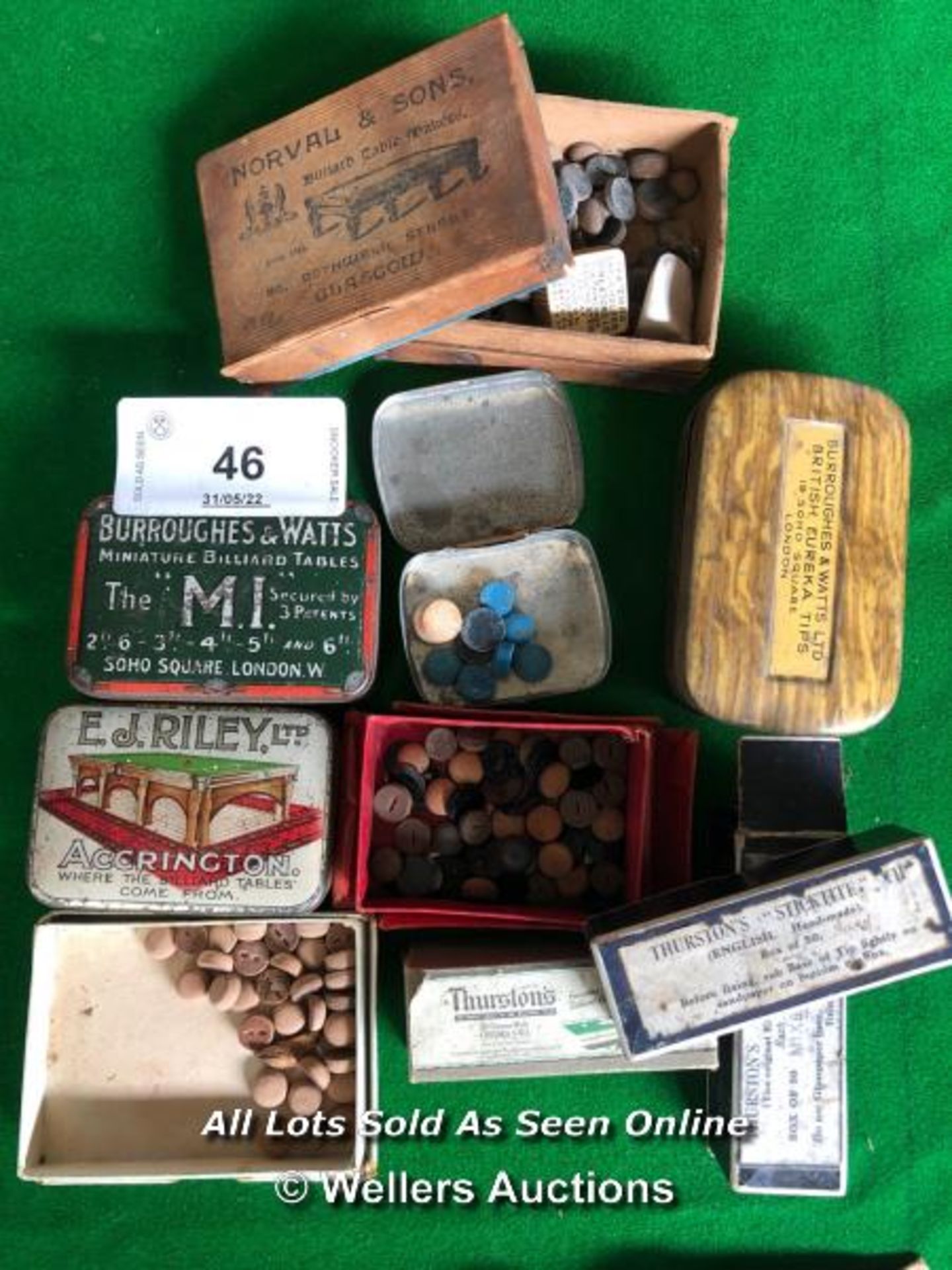 ASSORTMENT OF VINTAGE CUE TIPS IN BOXES AND TINS, INC. BURROUGHES & WATTS