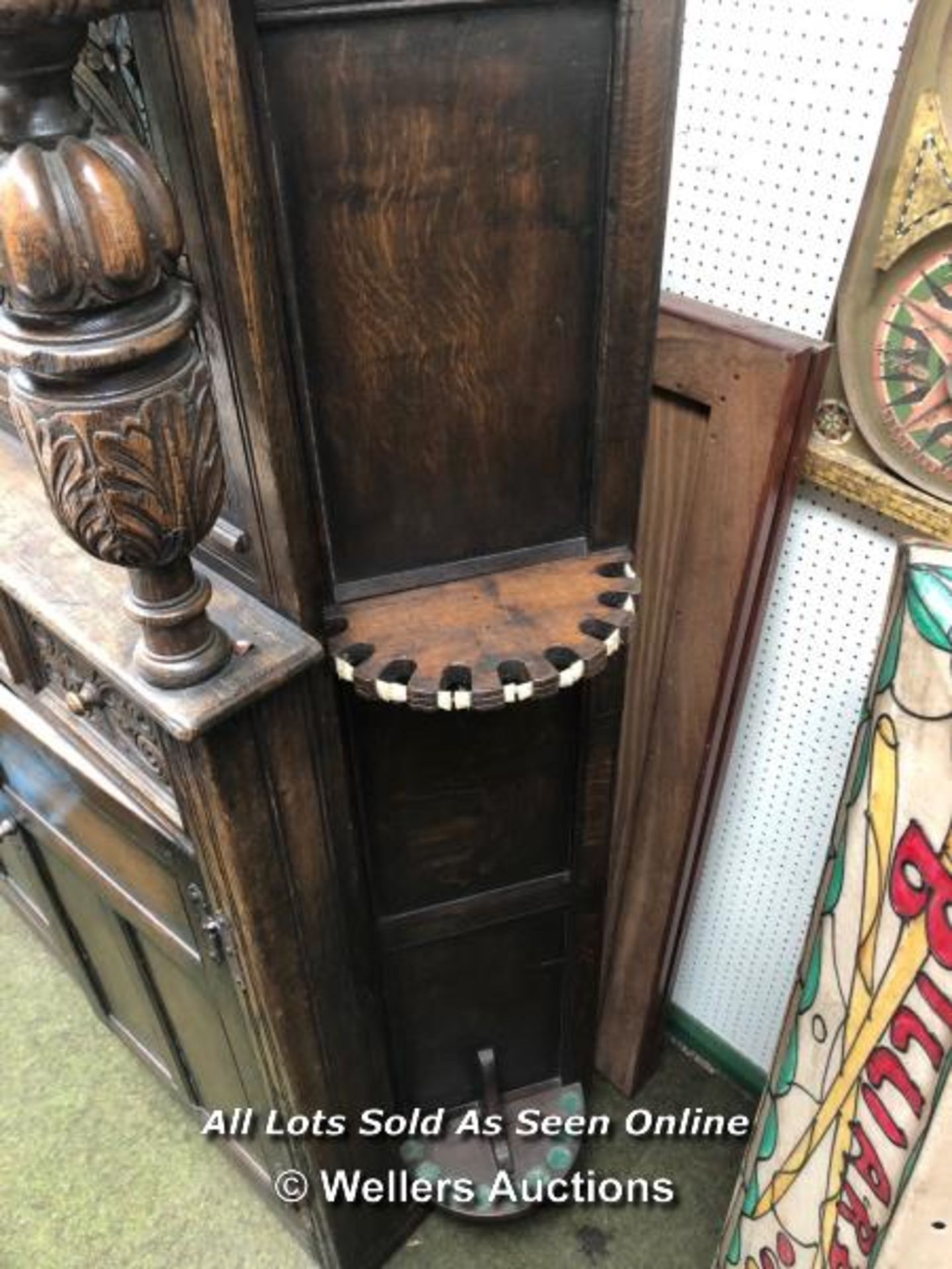 THURSTON & CO. DARK OAK 'COURT CUPBOARD' BILLIARD SCOREBOARD IN ENGLISH OAK, C.1880, JACOBEAN - Image 9 of 9