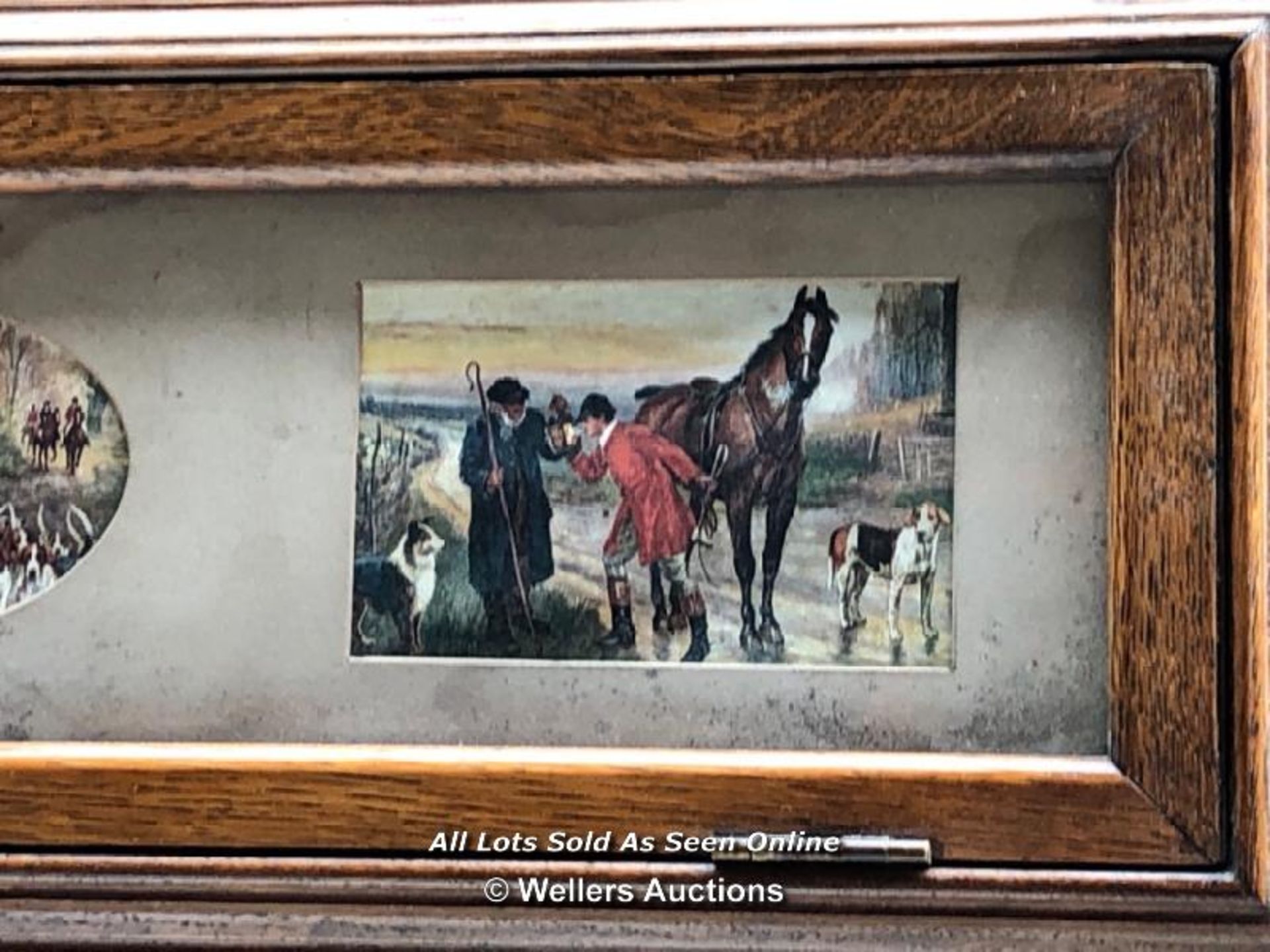 RILEY OF ACCRINGTON BILLIARDS OAK SCOREBOARD, DEPICTING X3 HUNTING IMAGES. SIZE - 78CM WIDE X 38CM - Image 2 of 6